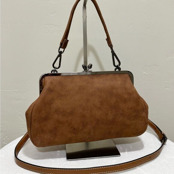 Brown Nubuck Cowhide Handmade “Tulip” Shaped Kisslock Handbag & 2 Strap Styles - Picture 5 of 15
